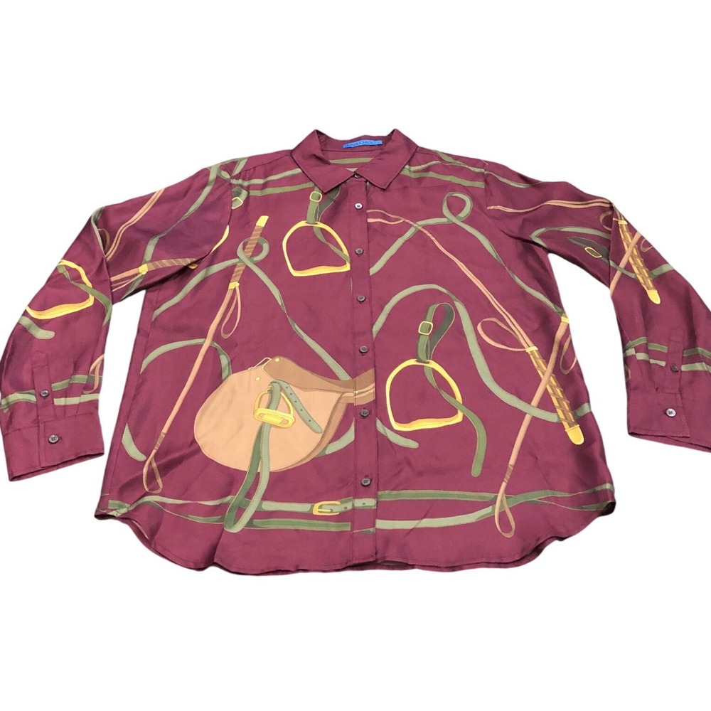 J.McLaughlin Button Up Shirt Womens L Burgundy Silk Blend Equestrian Print Long